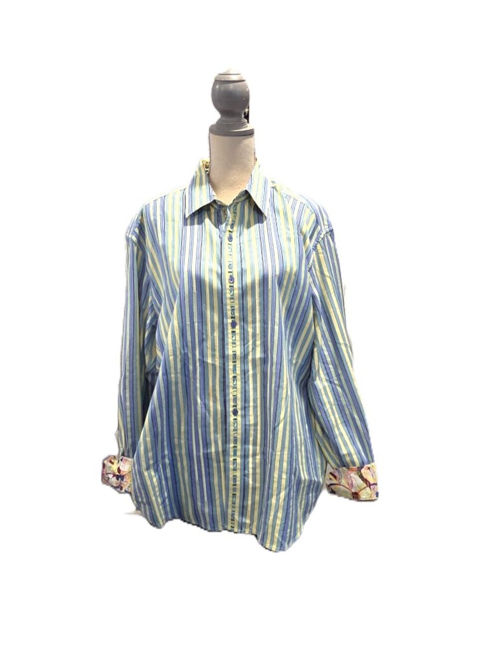 Robert Graham 2XL Yellow Blue Striped Dress Shirt Flip Cuff Cotton A